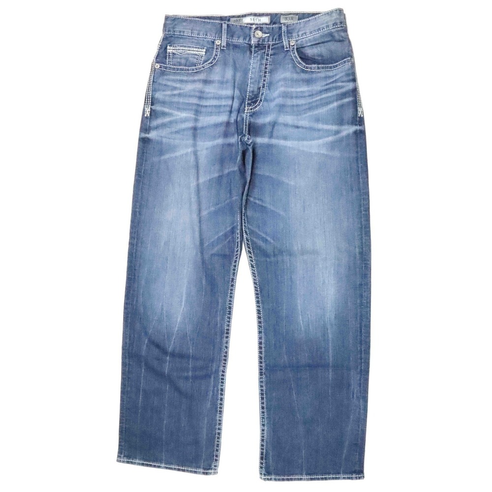 BKE Seth Blue Straight‎ Leg Denim Wiskered Classic Jeans Mens Size 33x31